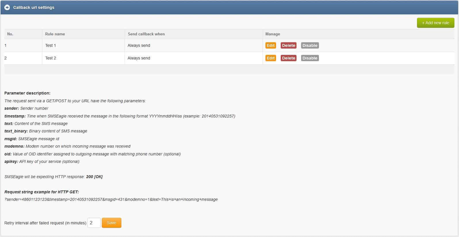 CallbackURL Settings screen