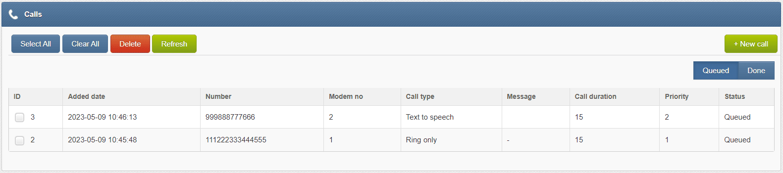 SMSEagle - Calls menu screen