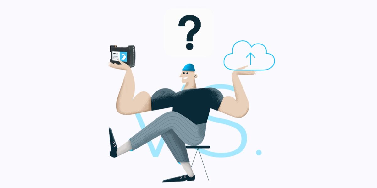 Playful cartoon of a man holding a handheld scanner in one hand and a cloud upload symbol in the other, with a question mark above.