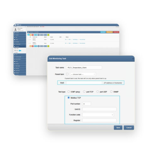 Add Monitoring Task dialog over a network management dashboard, showing a form with Task name, Host, and Modbus TCP settings