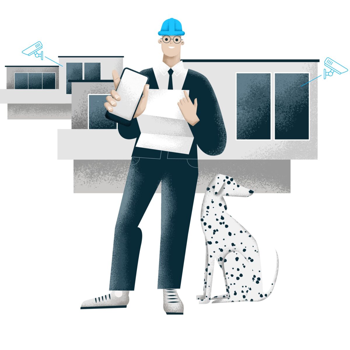 Construction worker in a suit and blue hard hat holding a clipboard beside a spotted Dalmatian at a building site with security cameras nearby.