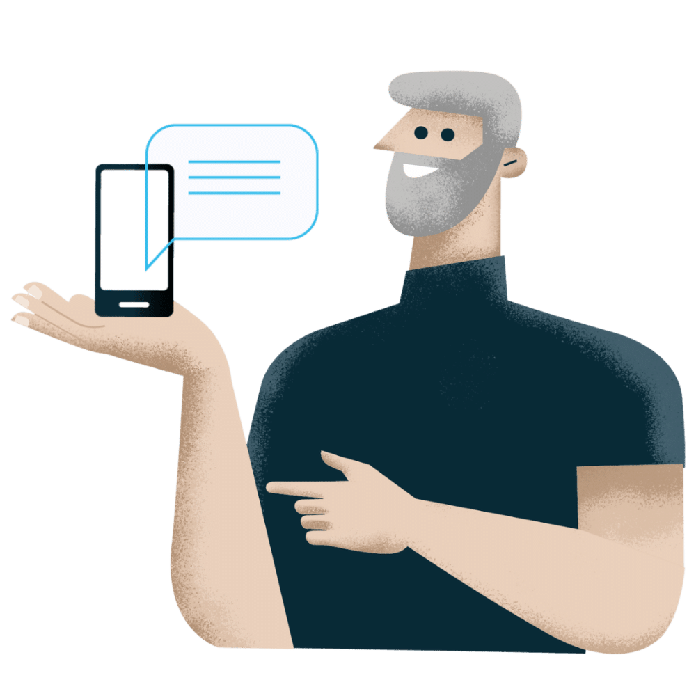 Bearded man in a dark shirt holds up a smartphone with a chat bubble coming from the screen, indicating messaging.