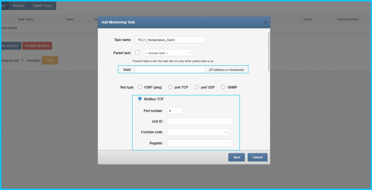 [Screenshot: Modbus TCP parameters (Host/Port/Unit ID/Function/Register/Condition)]
