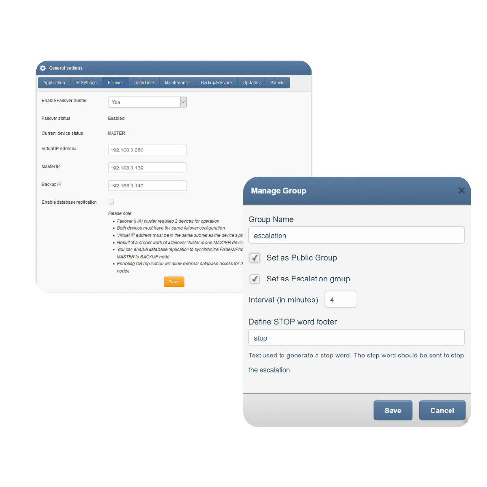 Admin settings UI with a General Settings form and a secondary Manage Group modal for escalation options.