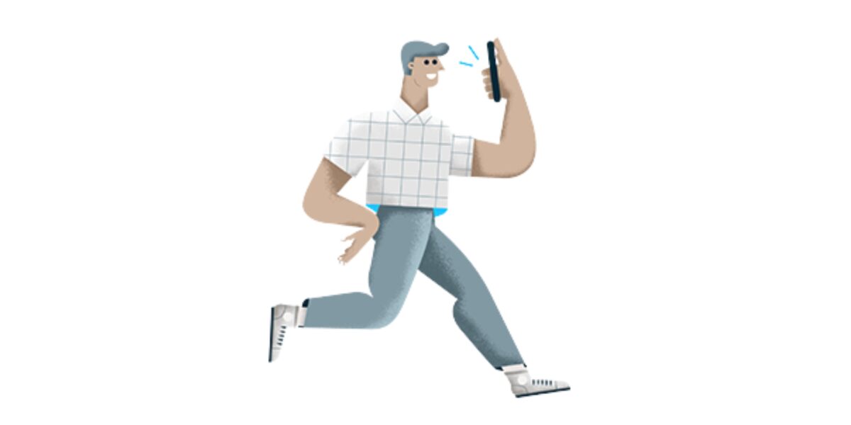 Illustration of a man in a checkered shirt running while talking on a smartphone.