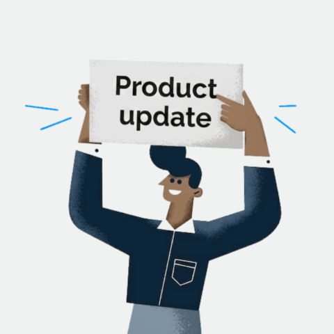 Cartoon person holding a sign that says 'Product update,' smiling