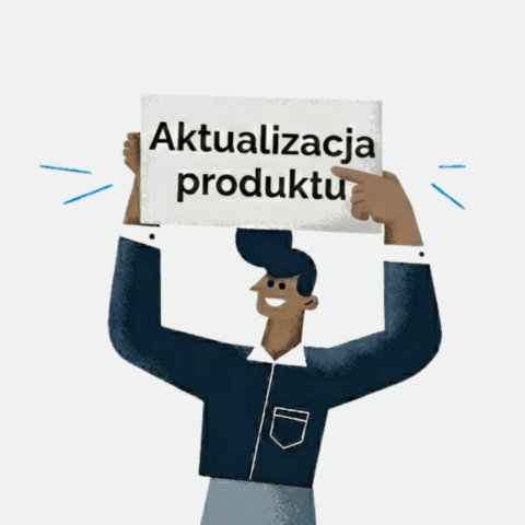 Cartoon man raising a sign that reads 'Aktualizacija produkta' (Product update).