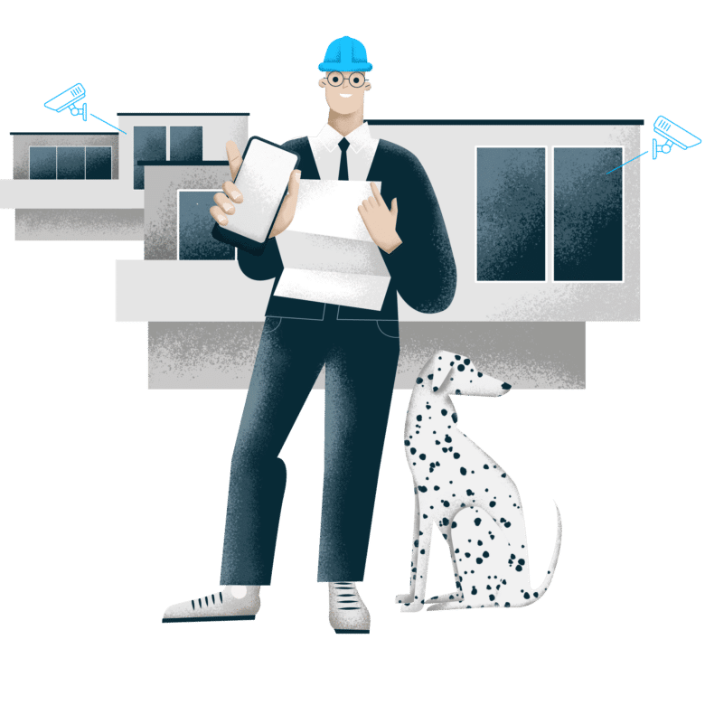 Illustrated construction worker in a blue hard hat and glasses holds papers and a tablet beside a building site with a Dalmatian nearby