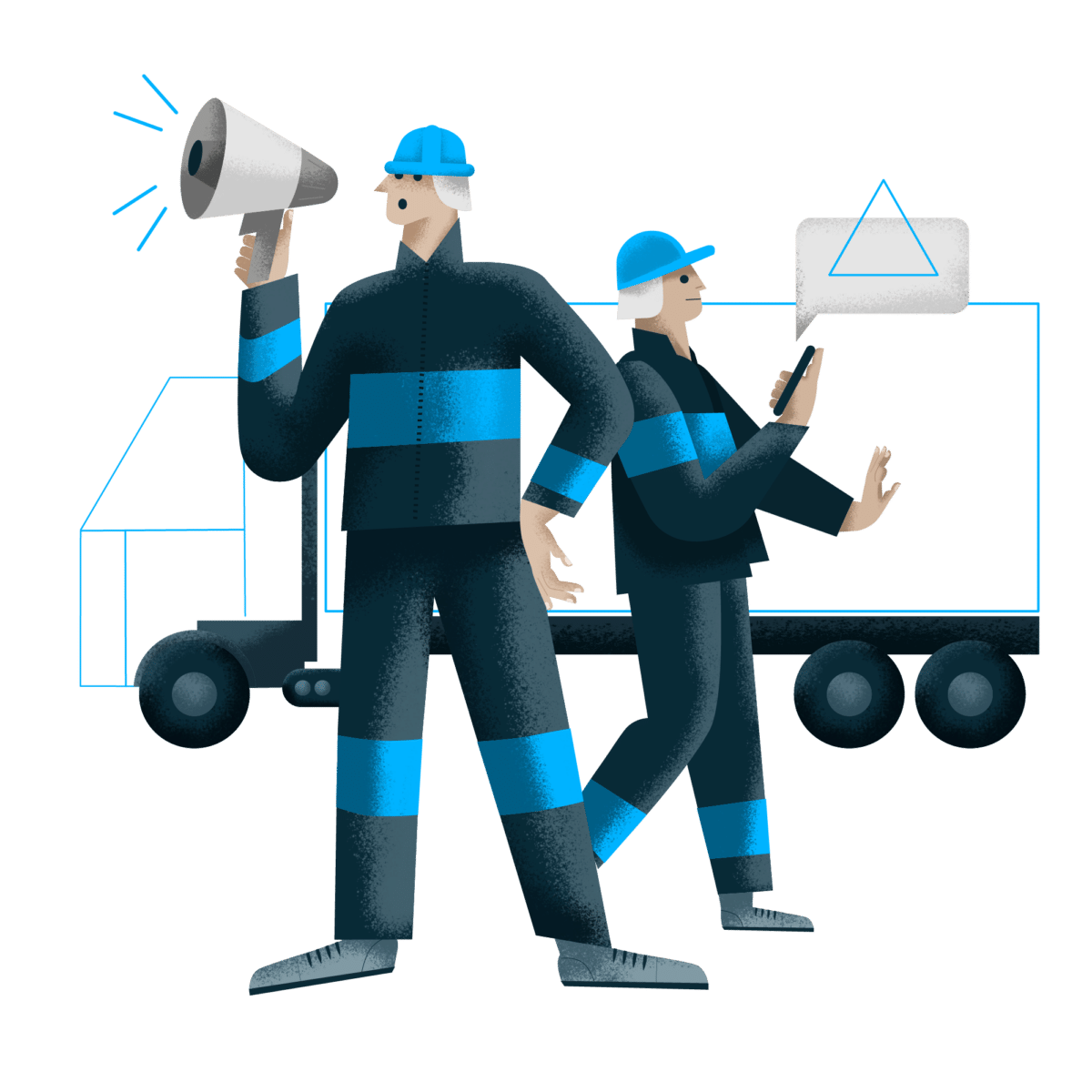 Two construction workers in blue gear and hard hats; one speaks into a megaphone while the other looks at a phone.