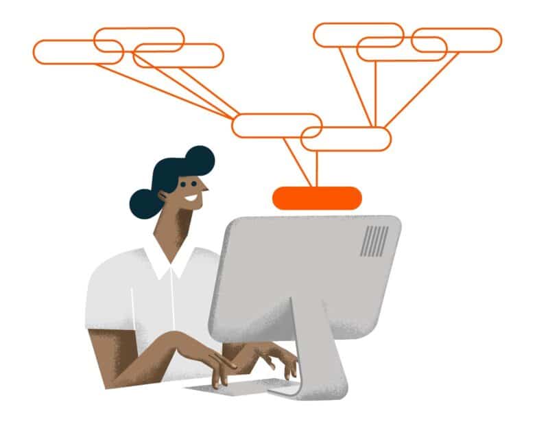 Person typing at a desktop computer with orange interconnected chain icons floating above, suggesting a network or workflow.