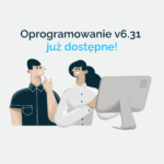 Oprogramowanie v6.31 już dostępne! Dwóch pracowników przy monitorze w reklamowej ilustracji.