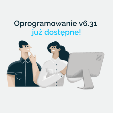 Oprogramowanie v6.31 już dostępne! Dwóch pracowników przy monitorze w reklamowej ilustracji.