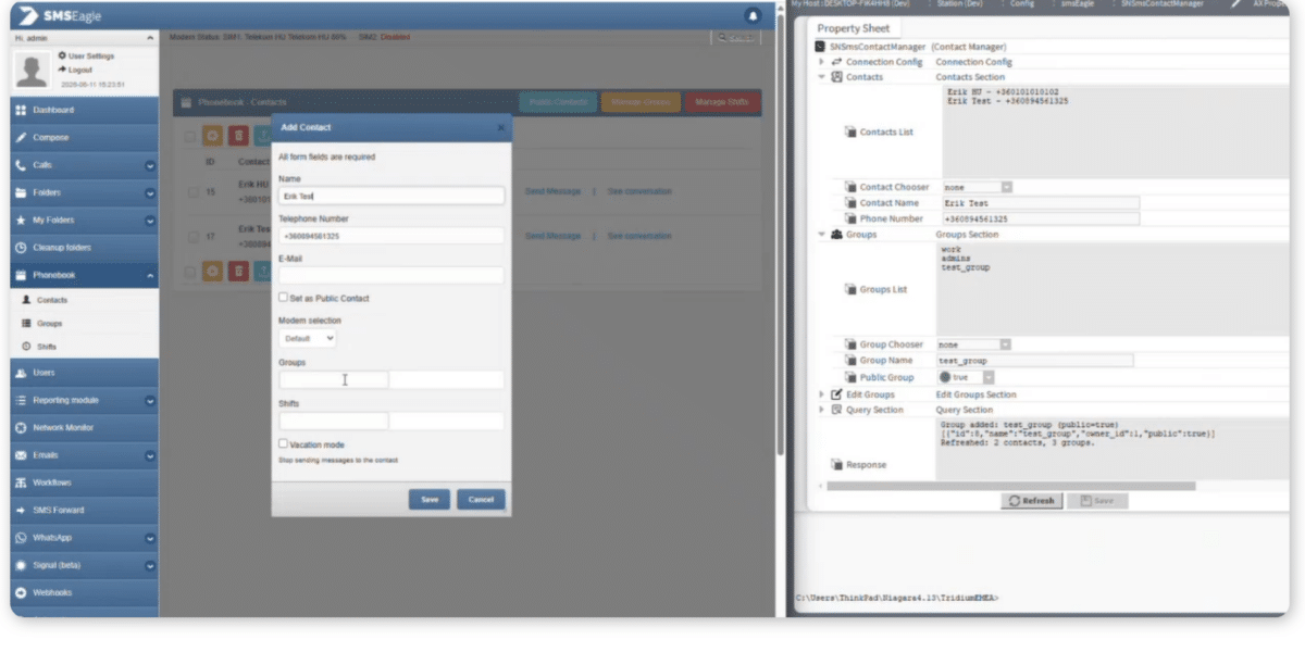 CRM-like UI: left blue navigation rail, center 'Add Contact' modal with fields for Name, Telephone, Email, and a right-hand properties panel visible.