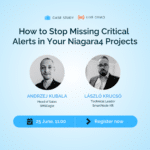 Promotional poster for a live demo titled 'How to Stop Missing Critical Alerts in Your Niagara4 Projects' featuring Andrzej Kubala (Head of Sales, SMSEagle) and László Krucsó (Technical Leader, SmartNode Kft); event on 25 June at 11:00; Register now.