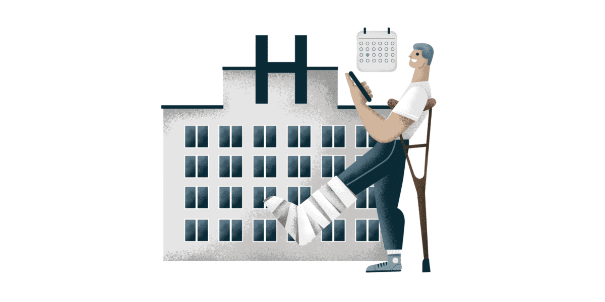 Cartoon man with a leg cast sitting on a chair, using a tablet beside a large office building and a calendar.