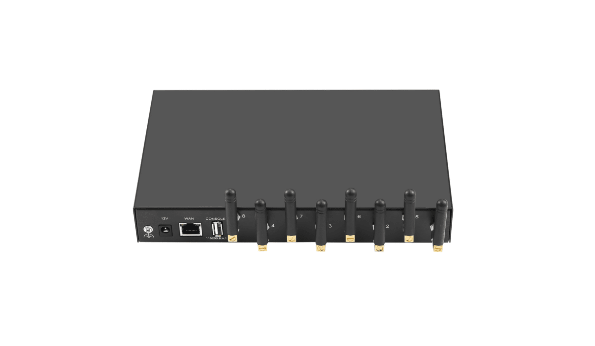 Black router with eight external antennas and rear port panel labeled WAN, Console, and Ethernet ports viewed from the back.