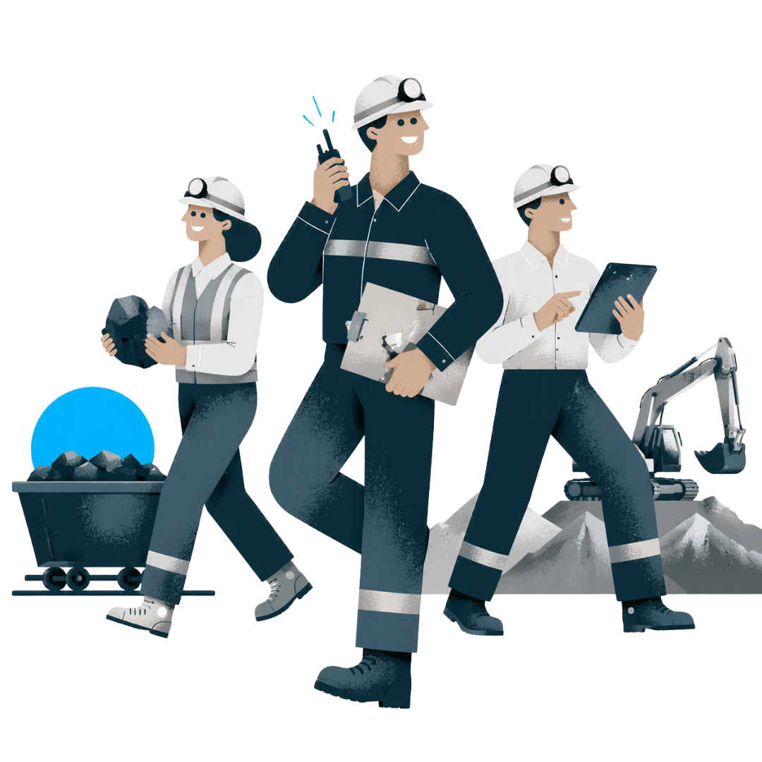 Three miners in helmets and reflective gear walk at a mine site; one carries rocks in a cart, another holds a clipboard, and a third uses a tablet while a compact excavator is in the background.