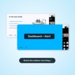 Hero image promoting a webinar recording: overlapping slides with a blue slide reading 'Dashboard ≠ Alert' and a prominent 'Watch the webinar recording >' CTA on a light blue background.