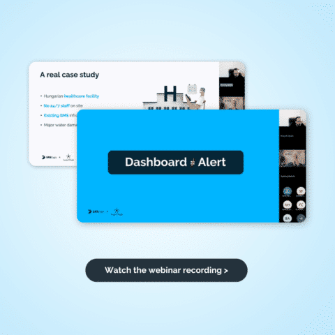 Hero image promoting a webinar recording: overlapping slides with a blue slide reading 'Dashboard ≠ Alert' and a prominent 'Watch the webinar recording >' CTA on a light blue background.