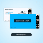 Blue slide reading 'Dashboard ≠ Alert' overlaps a white 'A real case study' slide on a light blue background, with a dark rounded call-to-action button below in Polish: 'Obejrzyj nagranie >'