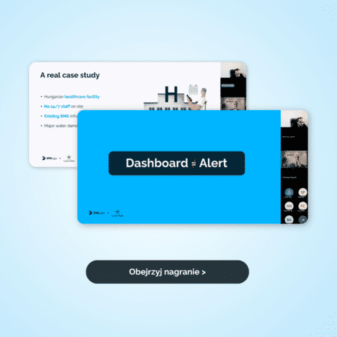 Blue slide reading 'Dashboard ≠ Alert' overlaps a white 'A real case study' slide on a light blue background, with a dark rounded call-to-action button below in Polish: 'Obejrzyj nagranie >'