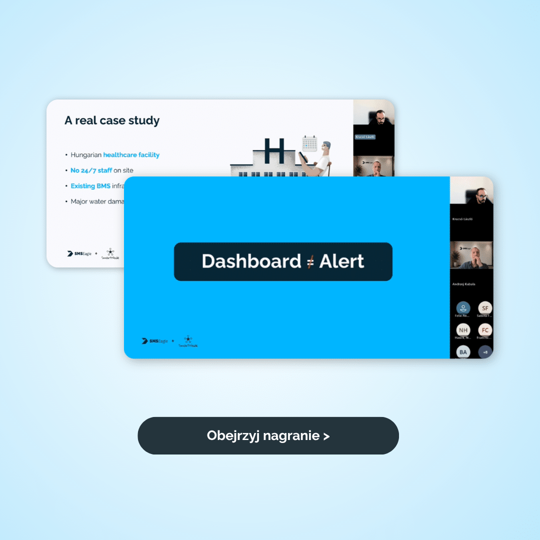 Blue slide reading 'Dashboard ≠ Alert' overlaps a white 'A real case study' slide on a light blue background, with a dark rounded call-to-action button below in Polish: 'Obejrzyj nagranie >'