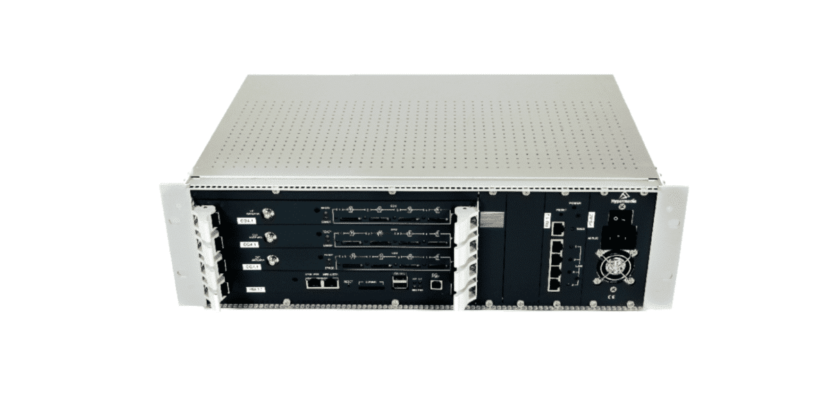 Front view of a rack-mount server chassis with multiple hot-swappable blades and front I/O ports on the left.