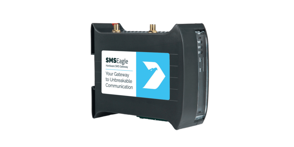 SMS Eagle hardware SMS gateway device with a blue-and-white label reading 'Your Gateway to Unbreakable Communication' on the front.