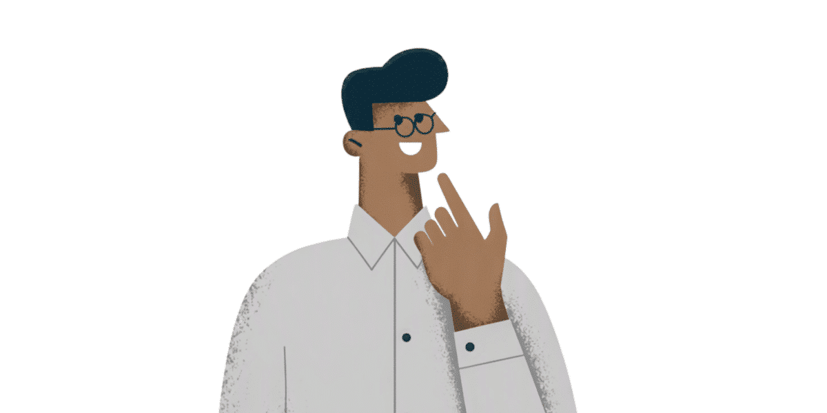 Cartoon man with glasses smiling, touching his chin in a thoughtful pose.