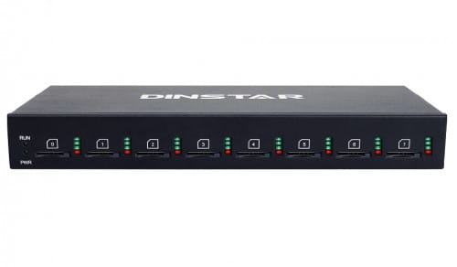 Front view of a DINSTAR multi-port VoIP gateway with eight ports, each with status LEDs, and a power indicator on the left.