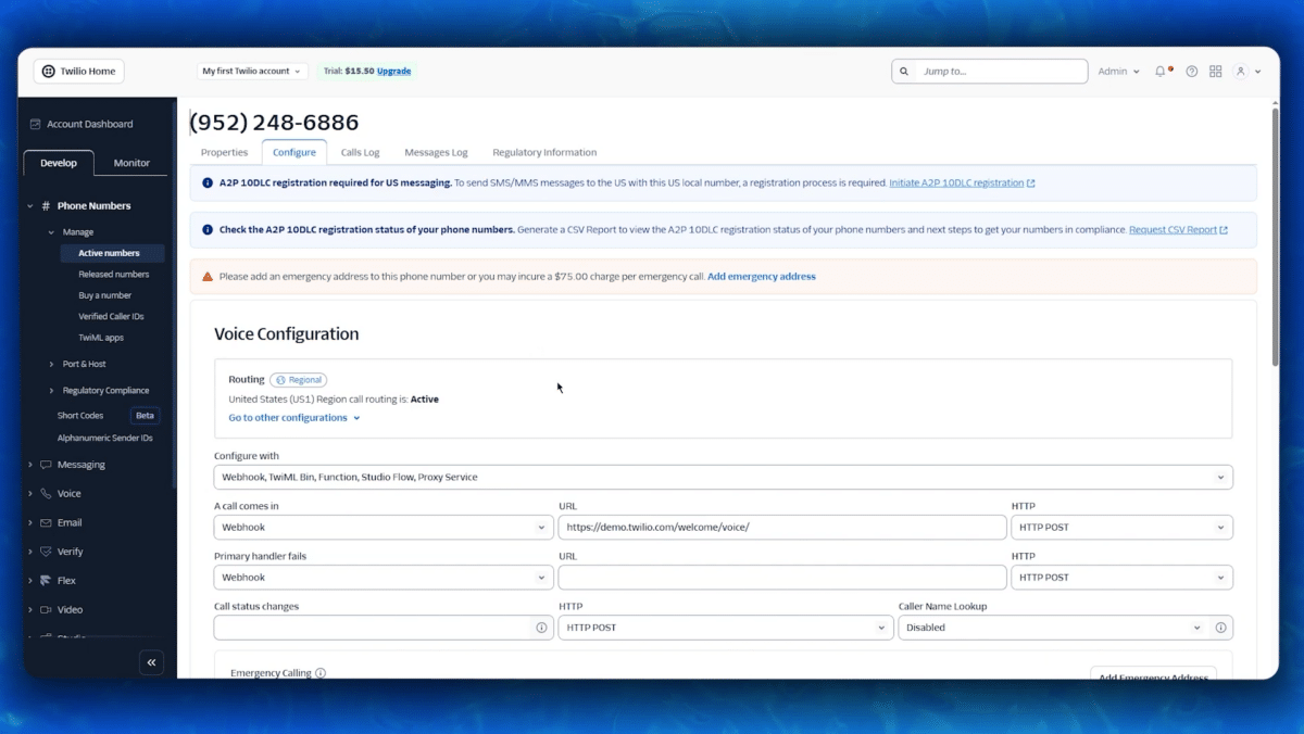 Twilio console screenshot showing a phone number's configuration page with left navigation, top search bar, and a Voice Configuration section for the number (952) 248-6886.