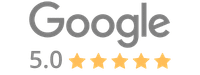 Google logo with a 5.0 rating and five gold stars.