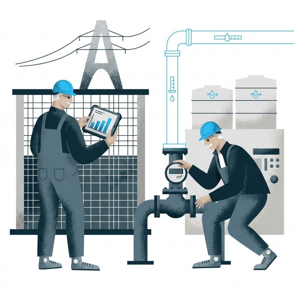 Two workers in hard hats operate industrial equipment beside a pipeline and gauges in a facility.