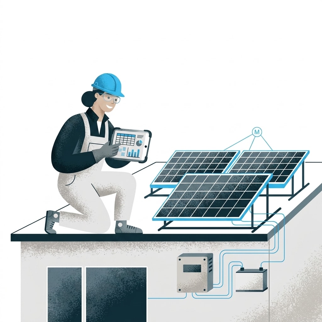 Worker in a blue hard hat kneels on a roof, examining solar panels with a tablet displaying charts and data.