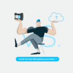 Cartoon illustration of a muscular man with raised arms holding a device in one hand and a cloud upload icon in the other, above a blue rounded CTA reading 'Check the best SMS gateway providers'.