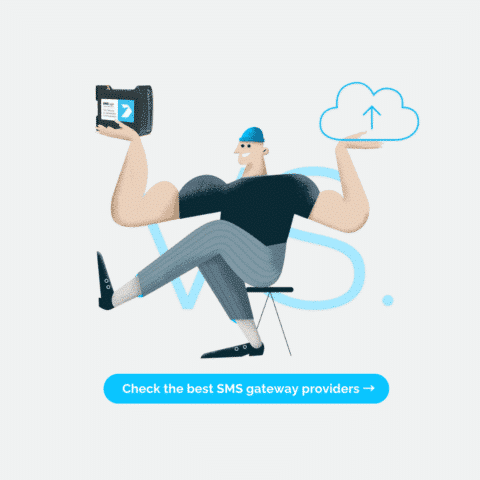 Cartoon illustration of a muscular man with raised arms holding a device in one hand and a cloud upload icon in the other, above a blue rounded CTA reading 'Check the best SMS gateway providers'.