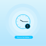 Blue clock icon with a dark alert badge overlapping its bottom-right on a light blue radial background.