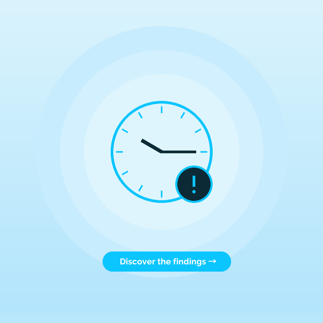 Blue clock icon with a dark alert badge overlapping its bottom-right on a light blue radial background.