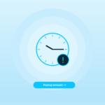 Clock icon with an alert badge on a light blue background, beneath a blue rounded button reading Poznaj wnioski.