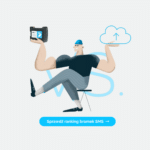 Cartoon man with a card reader on one hand and a cloud upload icon on the other, sitting in a chair, with a blue rounded button reading 'Sprawdź ranking bramek SMS' below.