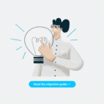 Illustration of a person with glasses holding a glowing lightbulb, next to a blue button reading 'Read the migration guide'.