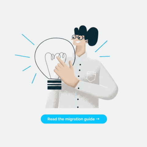 Illustration of a person with glasses holding a glowing lightbulb, next to a blue button reading 'Read the migration guide'.