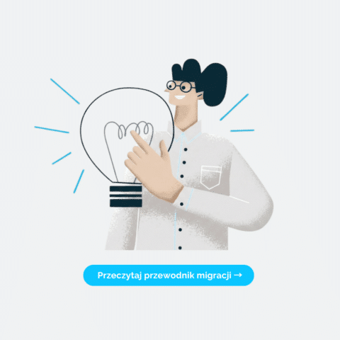 Illustration of a person presenting a lit lightbulb; a blue rounded button says 'Przeczytaj przewodnik migracji'.
