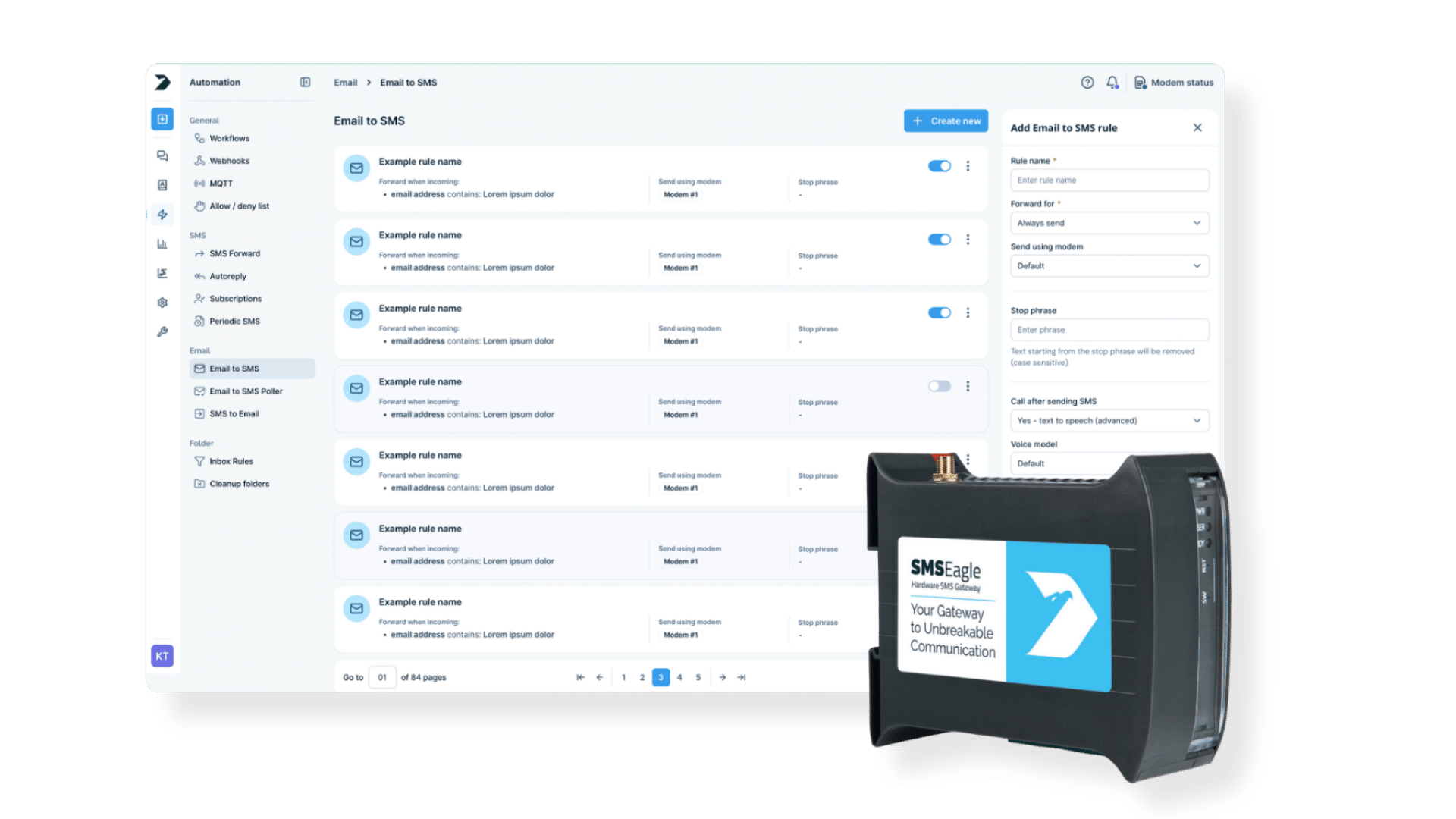 SMSEagle hardware gateway with the web GUI Email to SMS panel