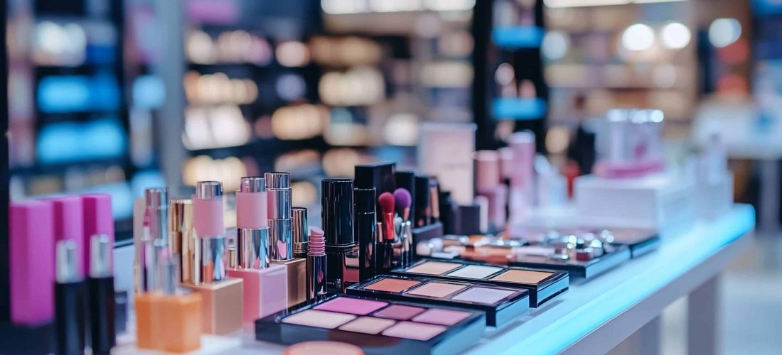 A display of colorful makeup products on a table in a store.