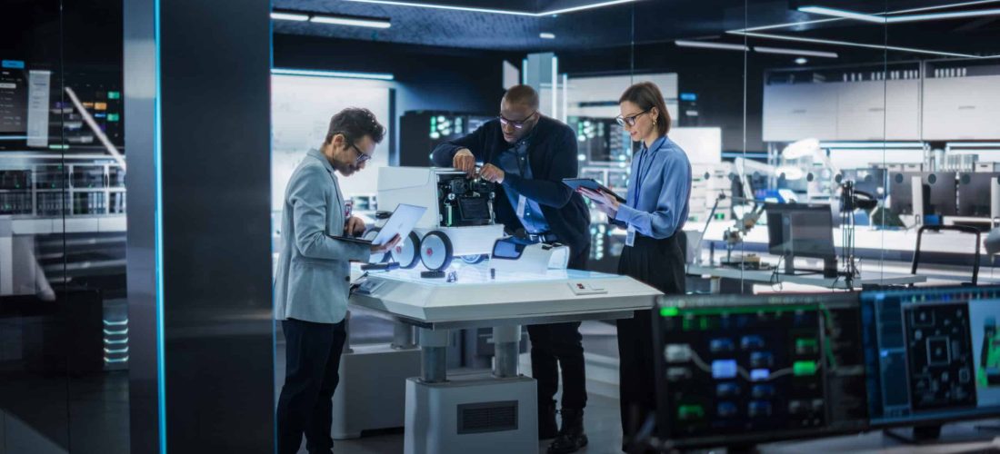 Industrial Robotics Specialists Working on a Mobile Robot, Using a Tablet Computer and Laptop. Black Male Engineer In a Lab Discussing an Automated AI Robotic Delivery Assistant with His Young Team