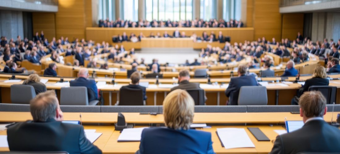 Formal gathering within a well-lit government meeting hall with numerous participants seated and discussing