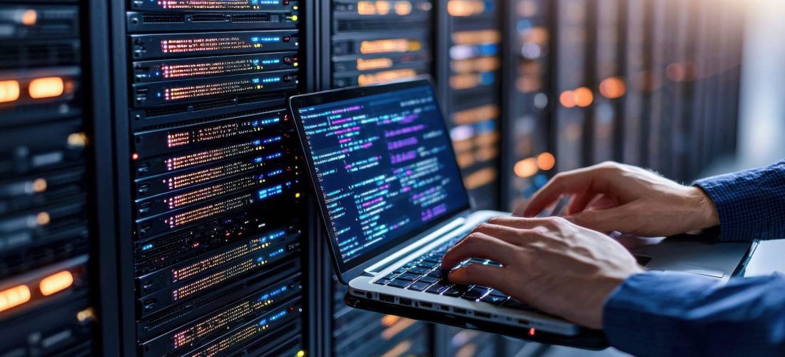 Server Room and Coding Laptop - IT Professionals at Work