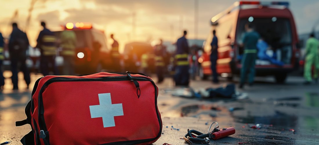 A striking emergency response scene featuring a red first aid kit on the ground, with medical personnel and rescue vehicles in the background, emphasizing teamwork in crisis situations.