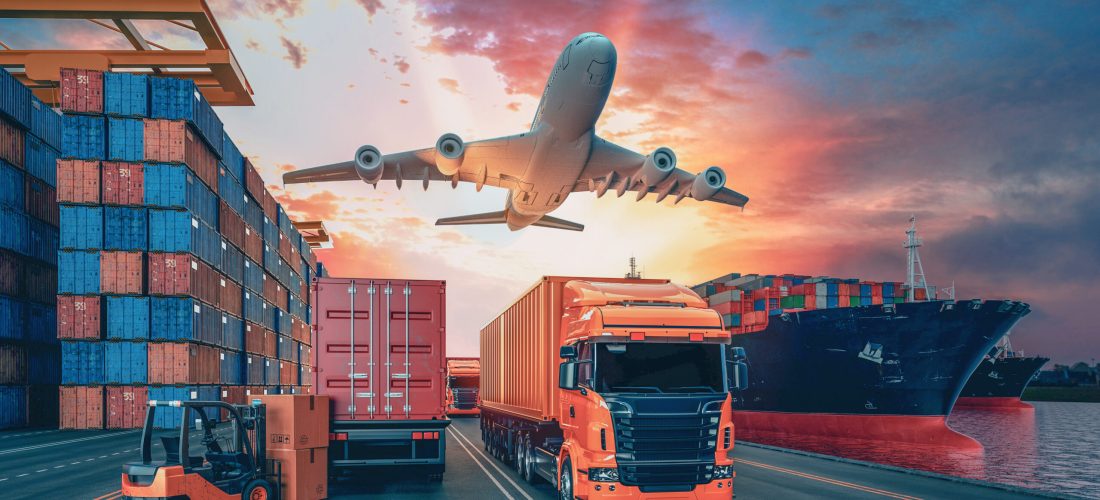 Transportation and logistics of Container Cargo ship and Cargo plane. 3d rendering and illustration.